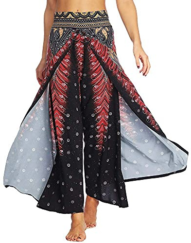 Nuofengkudu Mujer Hippie Largo Pantalones Dividir Pata Ancha Flores Estampados Sueltos Elegantes Comodos Thai Yoga Pants Verano Playa Vacaciones(Negro Pavo A,L/XL)