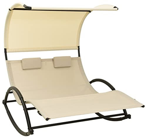 vidaXL Doppel Sonnenliege mit Sonnendach Doppelliege Gartenliege Liege Gartenmöbel Relaxliege Strandliege Freizeitliege Textilene Creme