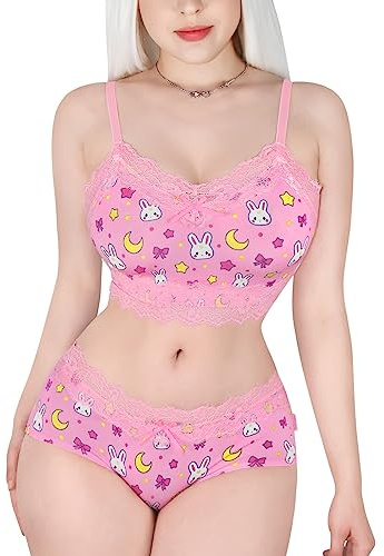 LittleForBig Dam Spets Trim Nattkläder Rem Underkläder kami Top Shorts Lingerie bralette loungewear Set -Söta Usagi L