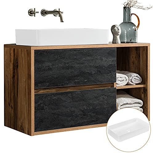 Lomadox Waschtisch mit Unterschrank 100 cm, Eiche mit Beton Dunkel, 60 cm Keramik-Waschbecken, 2 Softclose-Schubkästen, B/H/T ca. 100/71/46 cm