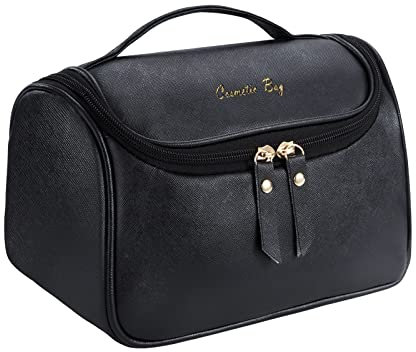Kosmetiktasche Reise Makeup Tasche Groß Kapazität Tragbare Schminktasche Organizer Pu Leder Wasserdicht Waschtasche für Mädchen Frauen Schwarz