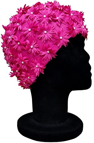 CHEX Tusensköna damer elastisk badmössa utsmyckad med spräckliga blommor dubbade med pärleffekt pärlor detaljer badmössa en storlek vuxna (rosa)