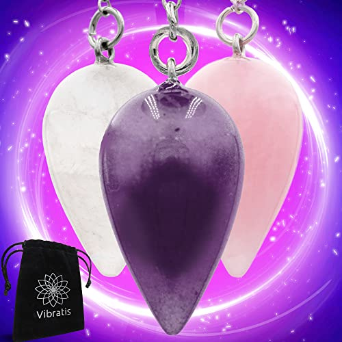 VIBRATIS Radiästhesie-Pendel, 3 Stück – Wassertropfen-Design aus Amethyst, Rosenquarz & Bergkristall | Pendel für Esoterik, Meditation & Energiearbeit