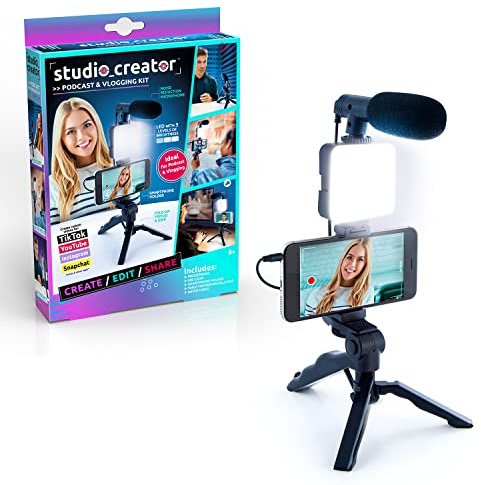 Studio Creator Podcast- und Vlogging-Kit, Telefonhalterung, LED-Licht, Mikrofon + Stativ, Erstellen von Inhalten unterwegs, Alter 6+, Weiß