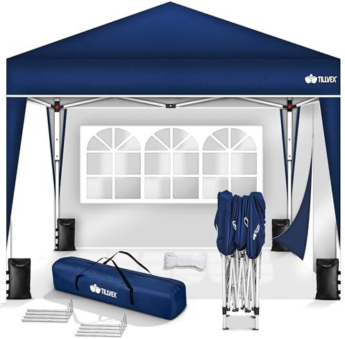 tillvex® Pavillon 3x3m Wasserdicht mit 2 Seitenteilen & 4er Set Sandsäcke | Pop-Up Faltpavillon Stabil & Winterfest | Gartenzelt Höhenverstellbar UV 50+ | Partyzelt mit Tasche Garten Camping Festival