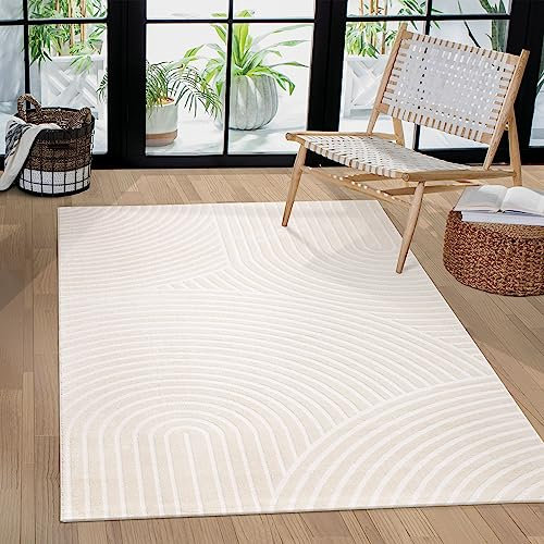 Paco Home Teppich Wohnzimmer Schlafzimmer Modern Kurzflor Skandinavisches Boho Muster Regenbogen japandi Geometrisch 3D Effekt Creme, Grösse:160x220 cm, Farbe:Creme 6