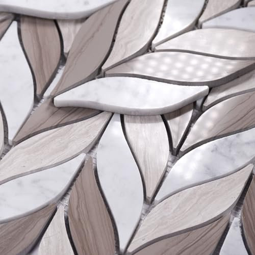 smafusion 5-teilige Marmor-Mosaikfliesen, natürlicher Marmor, poliert, Badezimmer, Küche, Hintergrundwand, Duschraum, Boden, Dekoration Garten (4,2 m², Carrara Weiß + weiße Holzmaserung + Athens Grau)