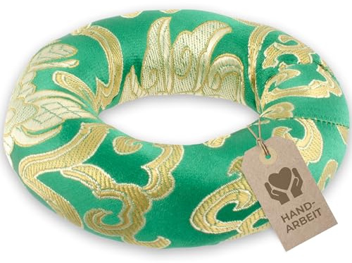 Cojín de cuenco cantor en forma de anillo para la posición segura de su cuenco cantor (hasta Ø 20 cm) y más sonido, artesanía tradicional, verde-dorado
