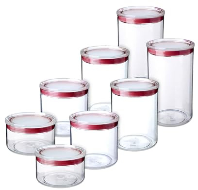 Tatay Botes Cocina Almacenaje | Set de 8: 2x0,5 L + 2x1 L + 2x1,5 L + 2x2 L | Tarros Cocina Transparentes | Tapa con Cierre Silicona | Apilable | Apto para Lavavajillas | Plástico Libre de BPA, Rojo