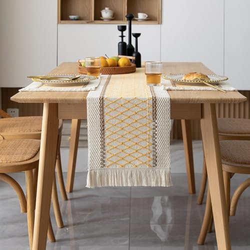 Wambere Makramee Tischläufer,Tischläufer mit Quasten,Leinen Tischdecke Boho Tabellenläufer mit Quasten,Tischwäsche Gewebter Tischläufer Tischdekoration für Hochzeit Party Dekoration,Gelb,30x140cm