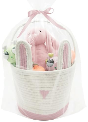 ZWHTB Large Woven Easter Baskets for Girls & Kids - Empty Basket with Gift Bags and Ribbons Cute Easter Decorations Bunny Ears Designs Pink