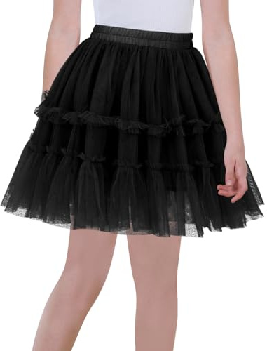FOEYA Falda de tutú para niña, falda de princesa, minifalda de tul, falda de ballet con enagua elástica para niños pequeños, malla de tul hinchada multicapa, 3-14 años, negro (schwarz 2), 5-6 Años