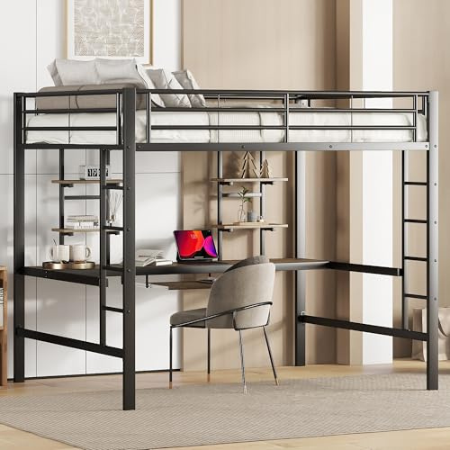Moimhear Bettgestell Metallbett, Eisenbett, Hochbett mit Schreibtisch und Zwei Bücherregalen für Kinder, Jugendliche und Erwachsene (Schwarz, 140x200cm)