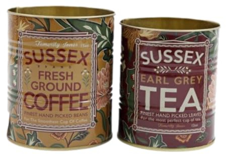 Sifcon International plc Set of 2 x Retro Vintage Style TEA/COFFEE Advertising Kitchen Storage Tins - Mustard/Green/Dark Red - 13/11 cm