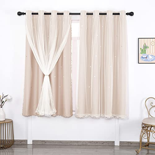 Doppelschichtige Fenstervorhänge mit Sternen und Ösen, beige, Verdunkelungsvorhang für Mädchenzimmer und Wohnzimmer, Sternenvorhang, Kindervorhänge, 94 x 213,4 cm