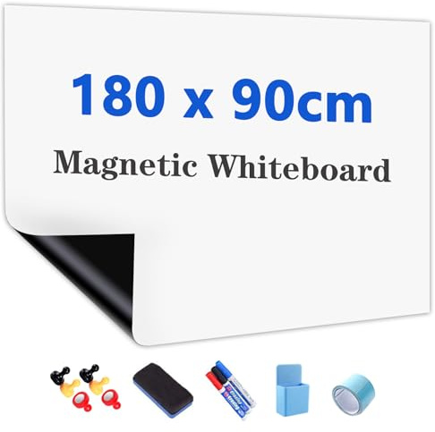 JOMUSAGA Whiteboard Folie, 180 x 90 cm, magnetisch und selbstklebend | Weißwandtafel Folie, trocken abwischbar, Sticker DIY, inklusive Marker, Schwamm und Magnete, für Schule, Büro und Zuhause