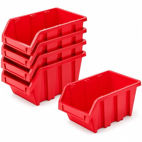 PECZEKO Verkstadslåda, stapelbar låda av PP-plast, förvaringslåda stapellåda för verktygsvägg, visningslåda, sorteringslåda – röd 5 stycken, 49 x 29,8 cm