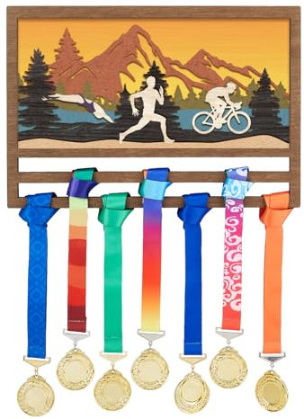 SUPERDANT 3D Triathlon Medaillenhalter Berg Und Fluss Medaillen Aufhänger Ausstellungsstück Für Laufauszeichnungen Medaillen Aufbewahrung Aus Holz Wandmontage Medaille Halter Geschenke Für Sportler