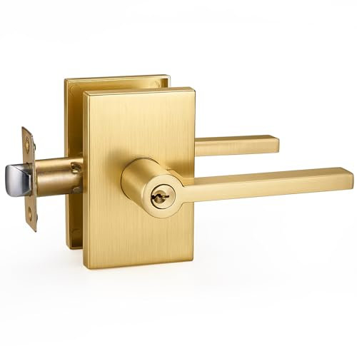 SNBTLA Satin Brass Heavy Duty Door Levers - Gold Modern Rectangle Interior Exterior Door Handle with 3 Keys for Front Door or Office Reversible Door Locks (Entry[Lock with Keys], Satin Brass)