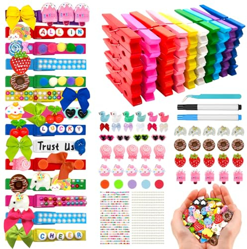 Gnoztik 100 Set Cheer Pegs Spirit Clips Kit with 500+ Accessories | Wooden Clothes Pegs with Resin Animals, Bows, Letter Beads & Stickers for Cheer Teams, Backpacks, Events & Creative Crafts