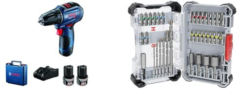 Bosch Professional 12V System Akku Bohrschrauber GSR 12V-30 (inkl. 2x Akku, Schnellladegerät) + 35x Extra Hard Schrauberbit‑ und CYL-3 Bohrer-Set, 35‑tlg. (197 x 110,5 mm, Professional Zubehör)
