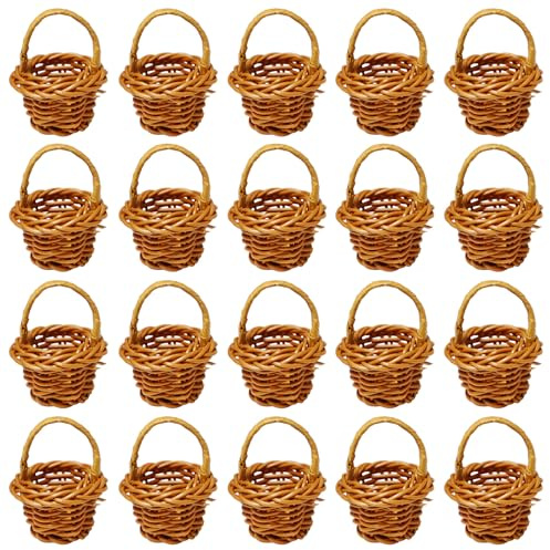 Sixfolo 20 Stück Mini Geflochten Körbe mit Henkel für Tischdeko | Miniatur Rattan Korb,Kleine Weidenkorb Körbchen aus Kunststoff für Party-Dekoration Hochzeit