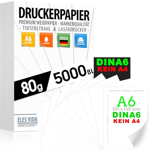 Skrivarpapper 80 g vitt A6-5000 ark – 10,5 x 14,8 cm – premiumpapper rent vitt – kopieringspapper, laserskrivare och bläckstråle för universitet, fotografi, presentationer, perfekt för kontor