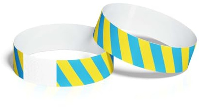 ID&C Tyvek Paper Event Wristbands – Numbered Tamper Proof Security Wristbands for Events, Festivals & Admission (Highlight Yellow and Neon Blue Stripe, 1000 Pack)