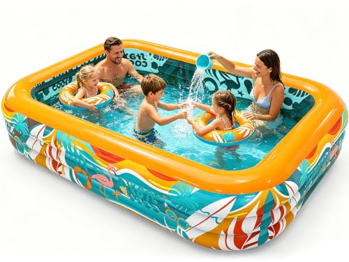 Skirfy Aufblasbarer Pool, 305 x 183 x 56 cm XXL Gartenpool, Verdickter Kinderpool für Erwachsene & Kinder, 2 Schwimmringe,Sommer Outdoor Pool für Garten