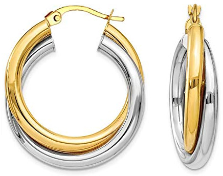 Boucles d'oreilles créoles en argent sterling LeCalla plaquées or 14 carats, forme ronde entrelacée bicolore, créoles épaisses à clic pour femmes - 28 mm