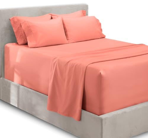 Hearth & Harbor Fits Mattress up to 21, Double Brushed Bedding Sheets & Pillowcases, Microfiber, Misty Rose, Split King Size