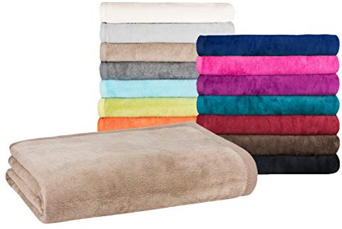 MOON - Manta clásica de lana (220 x 240 cm), color beige oscuro, mezcla de algodón fácil de limpiar