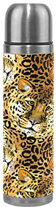 Linomo Thermosflasche Tier Leopard Druck Edelstahl Wasserflasche,Isoliert Auslaufsicher, Doppelwandig Vakuumflasche für Sport Reise Camping Büro 500 ml