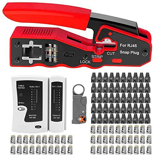 MAYLINE - Herramienta de crimpado RJ45 CAT5 Pinza crimpadora para cables de red CAT6 CAT7 Crimpar trabillas Conectores Mantenimiento del Kit Herramientas LAN Tester Pasante Cable Ethernet (Rojo)