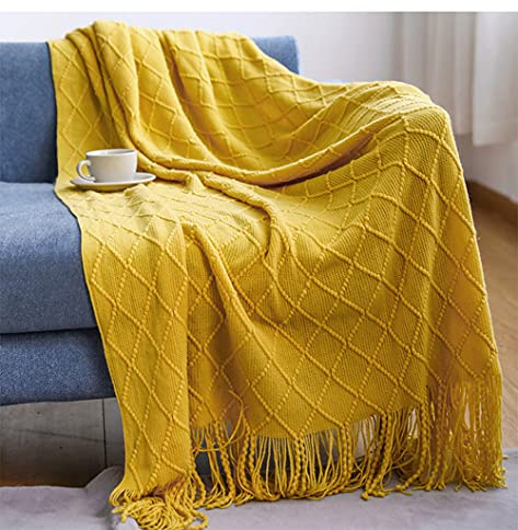 Sofadecke,Kuscheldecke Stricken Kleine Decke Couchdecke,Weich Wolldecke Wohndecken Quaste Gestrickt Decke Schlafdecke Bettdecke Klimaanlage Decke Autodecke für Couch,Büro,Auto,Sofa,Bett,127*170 Gelb