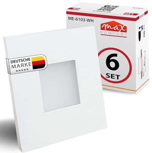 Maxkomfort LED Treppenbeleuchtung 230V – 0,5W 40lm Wandeinbauleuchte Eckig für 60mm Dose – Warmweiß (3000K) – Aluminium Stufenlicht für Flur – Stromsparendes Nachtlicht ohne Sensor – 6er Set Weiß