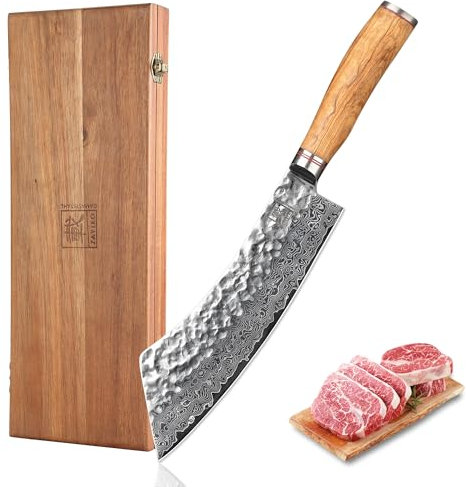 Wakoli Olive Blockmesser Hakata Bocho 22,5 cm Klinge aus 67 Lagen VG10-Damaststahl, Härte 60 ± 2 HRC, Hammerschlag-Finish, ergonomischer Olivenholzgriff, präzises Küchenmesser & Kochmesser in Holzbox