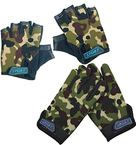PLUSMORE Set of 2 Kids Camo Cycling Gloves Boys Girls Full Finger & Fingerless Bike Gloves Camouflage Costume
