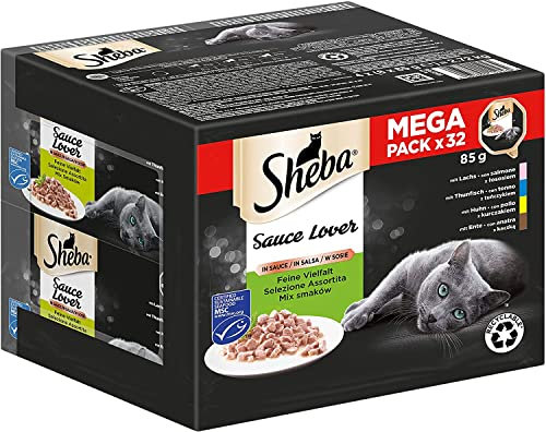 SHEBA Katzenfutter nass - 32 x 85g Schalen - Feine Vielfalt - mit Lachs, Thunfisch, Huhn und Ente - Nassfutter für Katzen in Sauce - 1 Großpackung
