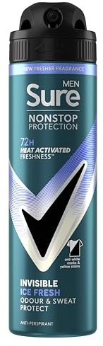 Sure Men Nonstop Protection Invisible Ice Fresh Anti-Perspirant Aerosol Men's Deodorant Spray with Body Heat Activated technology that leaves no marks for 72 hour odour and sweat protection 150 ml