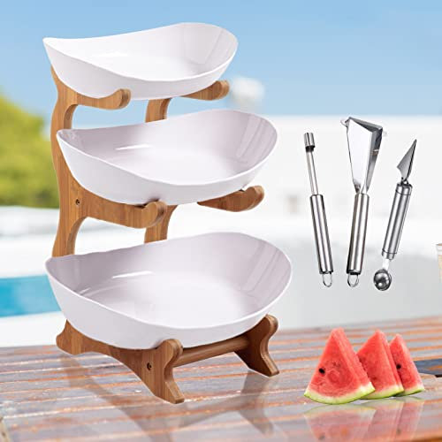 AmkWood 3-stöckige Plastik-Obstschale mit Bambusholzständer für Küchentheke, Porzellan-Obstkorb für Gemüseaufbewahrung, Snack-Dessert-Kuchen-Tablett-Tellerregal für Party-Hochzeit