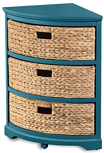 eHemco Hampton Meadows 3 Tier X-Side Corner Table Storage Cabinet with 3 Wicker Baskets, Teal