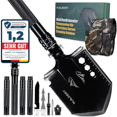 MADERY Klappspaten 11-in-1 | Praktische Schneeschaufel & Survival Schaufel aus Edelstahl | Outdoor Gadget & Geschenkidee für Männer inkl. Tasche