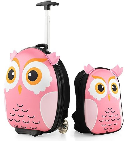 COSTWAY 2 TLG Kinderkoffer mit Rucksack, 12”+16” Kindertrolley Reisegepäck mit Rollen & 3 stufigem Teleskopgriff, Handgepäck Hartschalenkoffer für Mädchen & Jungen (Eule)