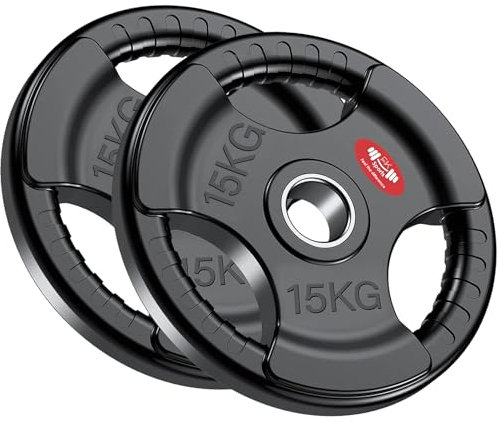 FK Sports Olympic Weight plates Rubber Coated Cast Iron Weights, 2 Inch opening, 2.5kg, 5kg, 10kg, 15kg, 20kg, 25kg, Black Tri grip Barbell Plates, Weight Plates for 2 barbell, Sold in Pair (15 kg)