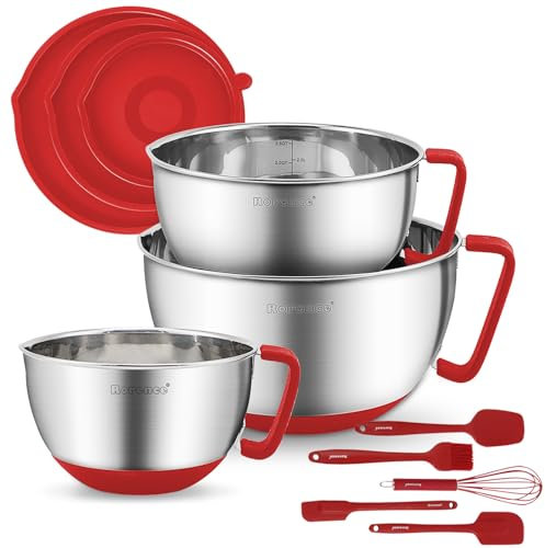 Rorence Stainless Steel Mixing Bowls: Metal Mixing Bowl Set with Lids and Handles Non-slip Silicone Bottom Nesting Bowls for Kitchen Set of 3 - Red