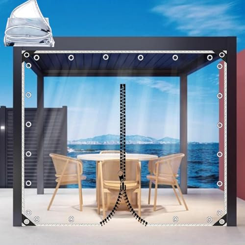 KOOEIN Transparente Plane Wasserdicht mit Reißverschluss,PVC-Schutzplane für Außen,0,3mm-Weiches Glas,Wetterfester Vorhang,Schwerlast-Plane Seitenwand für Terrassen/Pergola/Carport,L×H-3x3m/9.8x9.8ft