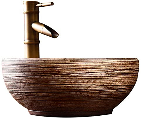YOtat Lavabo da Appoggio, Lavabo da Appoggio in Ceramica Vintage, Lavabo Rotondo Marrone con Rubinetto