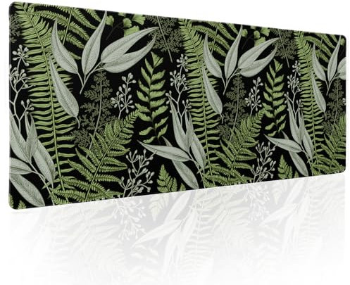 Green Black Plant Leaf Gaming Mouse Pad XL Tropical Fern Botanical Leaves Extended Big Large Desk Mat Non-Slip Rubber Base Stitched Edge Long Keyboard Mousepad for PC Computer Laptop,31.5×11.8 in