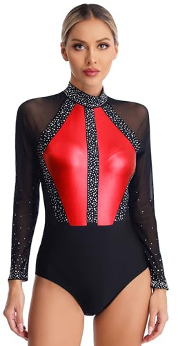 Sxiwei Gymnastikanzug Damen Langarm Glitzer Mesh Gymnastik Leotard Einteiliger Ballettbody Skating Tanz-Body Wettbewerb Tanzkostüm